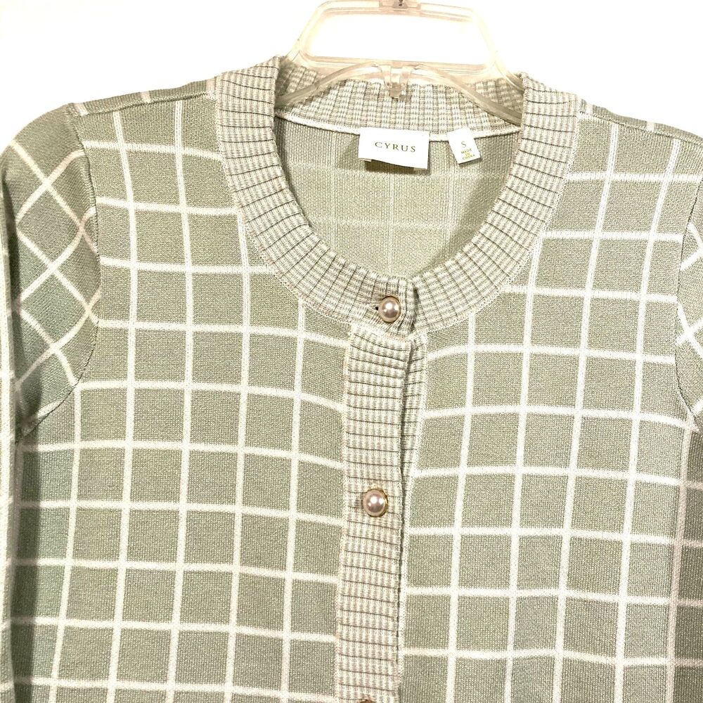 Womens Green Check Cardigan Sweater S Faux Pearl Buttons Rayon/Nylon Preppy